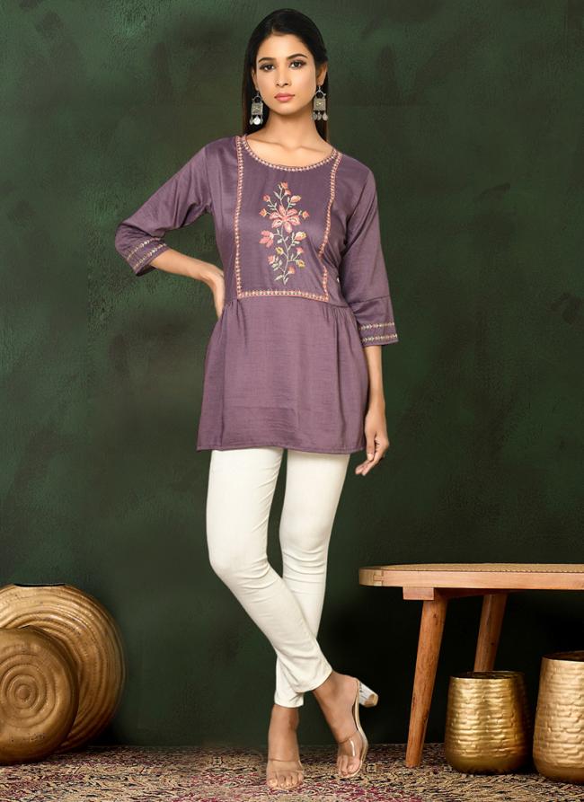 Viscose Blend Purple Casual Wear Embroidery Work Readymade Short Top